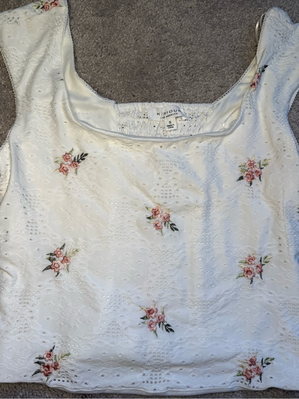 Kirious Los Angeles White Eyelet Tank with Pink Floral Embroidery